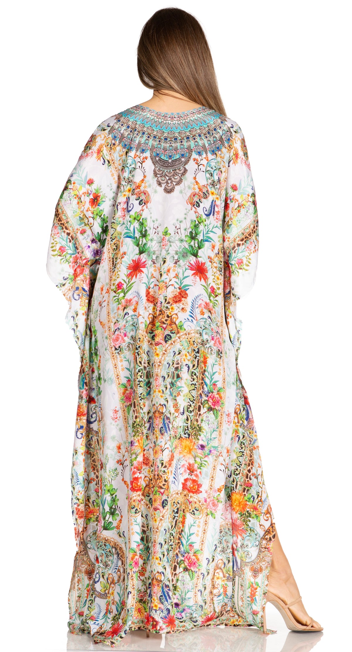 Sakkas Yeni Women's Short Sleeve V-neck Summer Floral Long Caftan Dress Cover-up