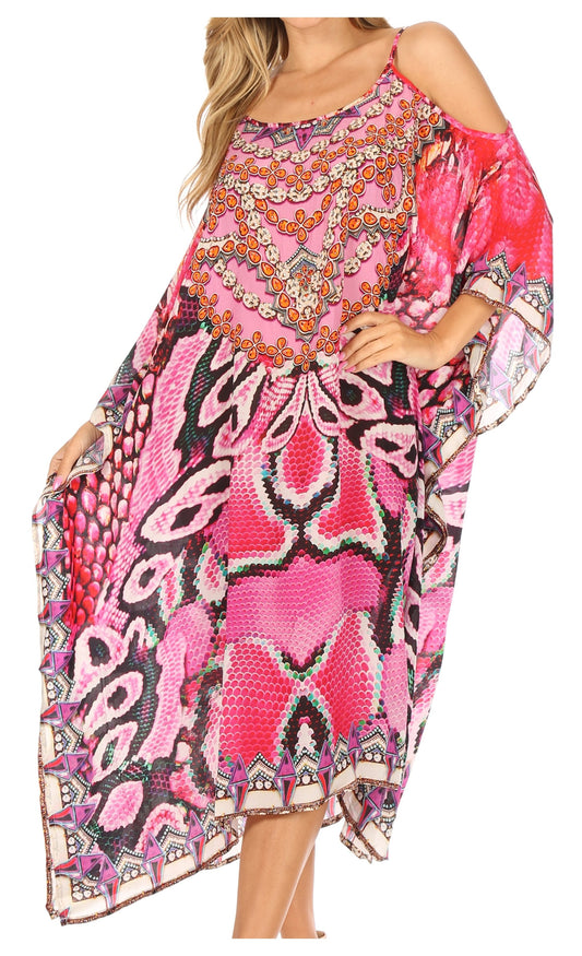 Sakkas Amaya Vestido Kaftán Largo Holgado Estampado con Tirantes, Hombros Descubiertos y Escote Barco