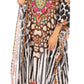 Sakkas Amaya Loose Fit Long Printed Strappy Cutout Shoulder Boat Neck Kaftan Dress