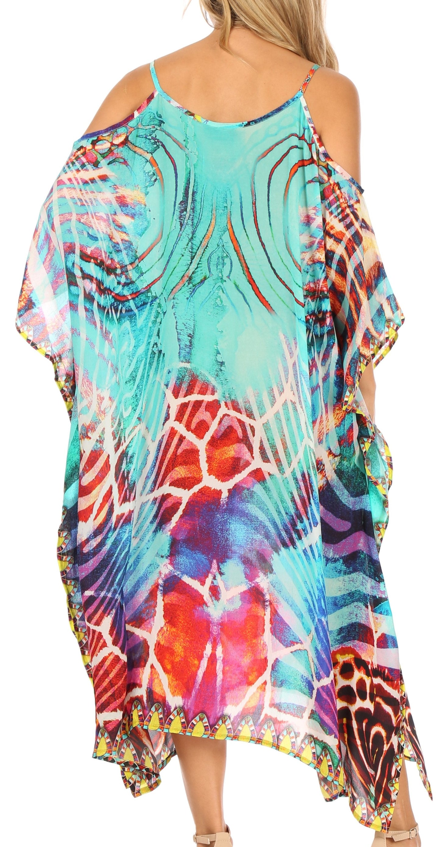 Sakkas Amaya Loose Fit Long Printed Strappy Cutout Shoulder Boat Neck Kaftan Dress