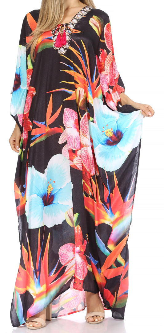 Sakkas Georgettina Vestido/Bata Larga Caftán Fluida con Cuello V y Pedrería