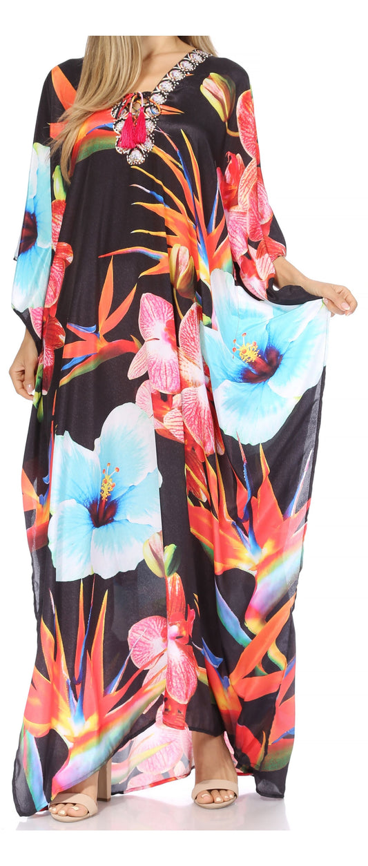 Sakkas Georgettina Vestido/Bata Larga Caftán Fluida con Cuello V y Pedrería