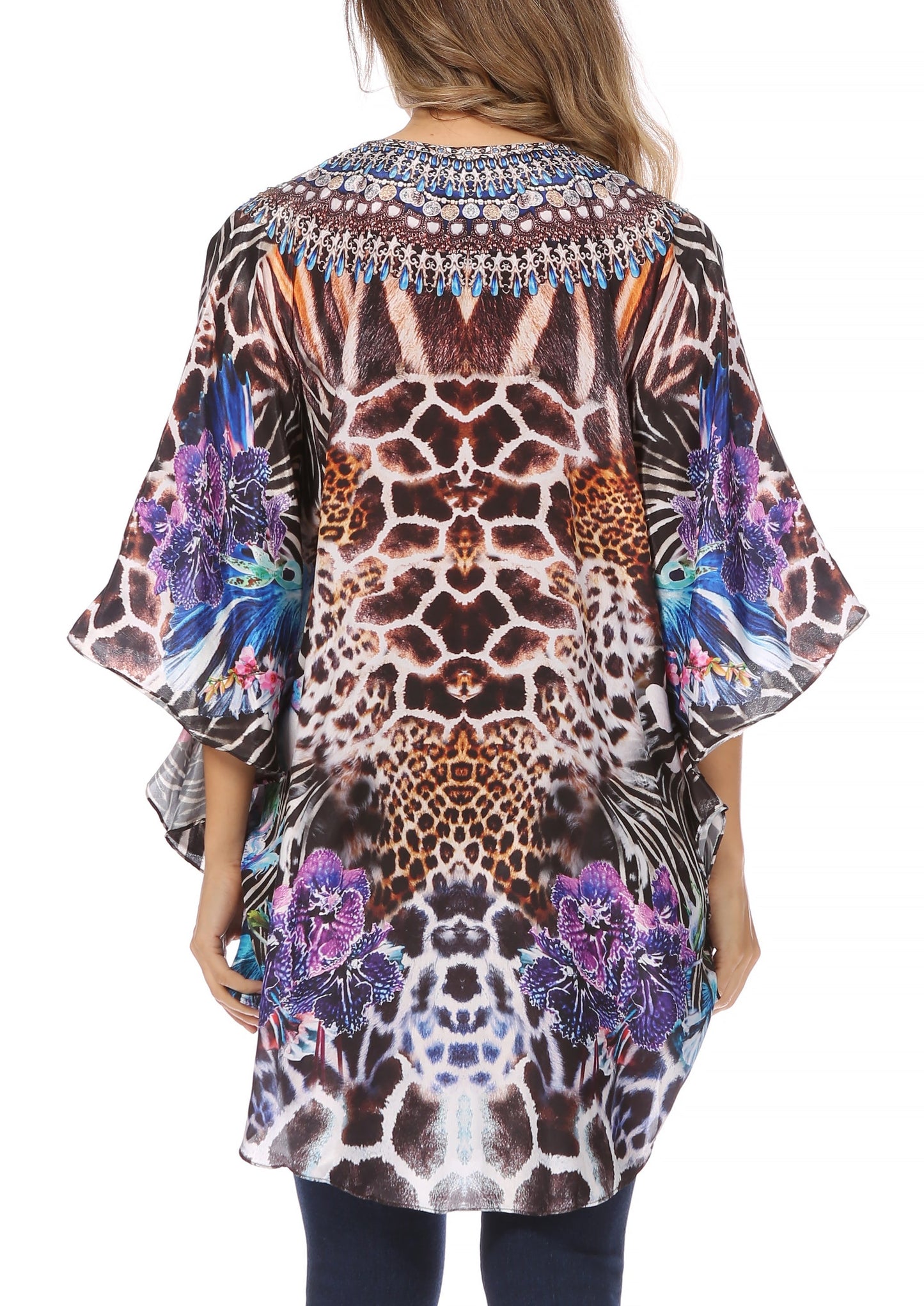 Sakkas Tallulah Wide Circle Blouse V Neck Top With Tassle Ties And Rhinestones