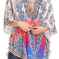 Sakkas Tallulah Wide Circle Blouse V Neck Top With Tassle Ties And Rhinestones