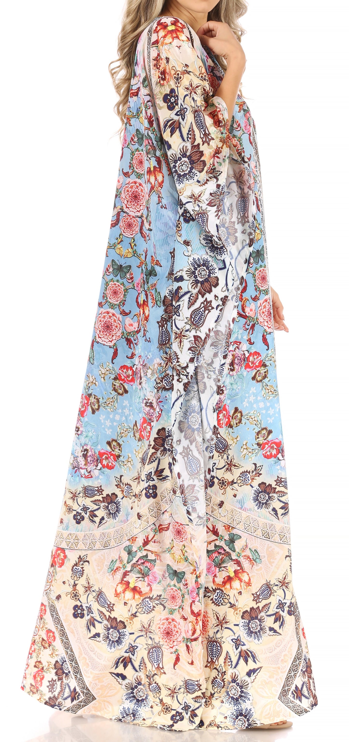 Sakkas Anahi Flowy Design V Neck Long Caftan Dress / Cover Up With Rhinestone