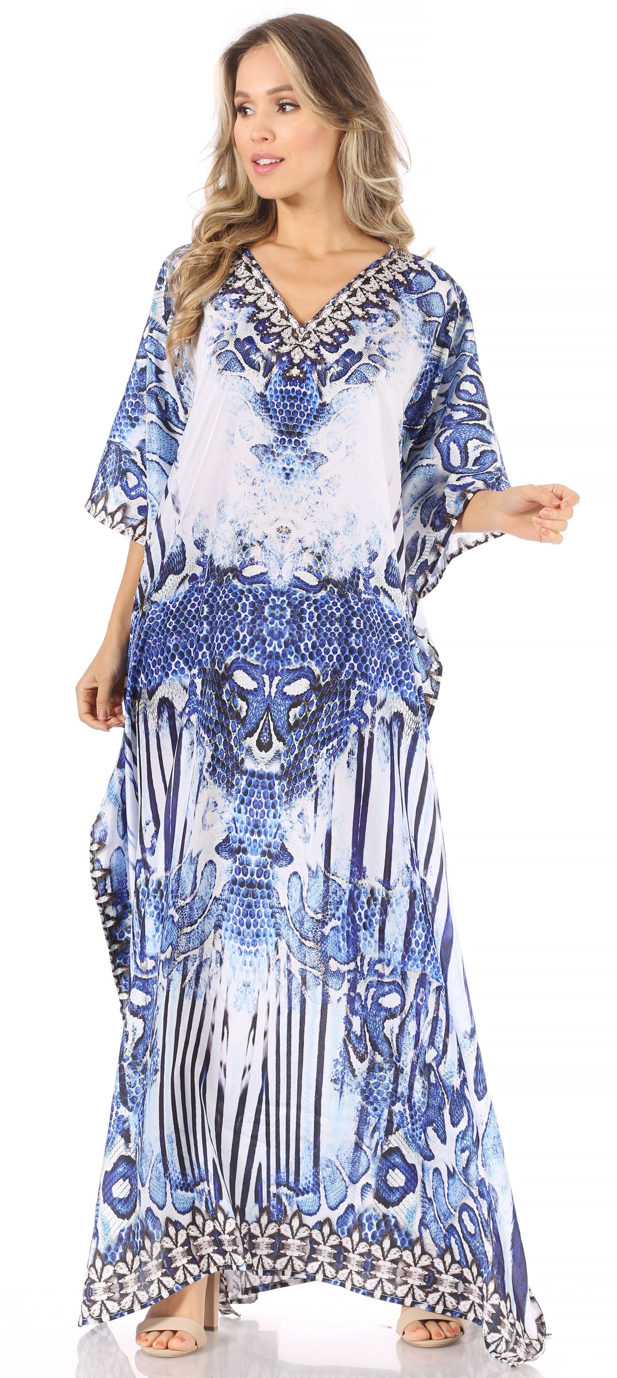 Sakkas Anahi Flowy Design V Neck Long Caftan Dress / Cover Up With Rhinestone