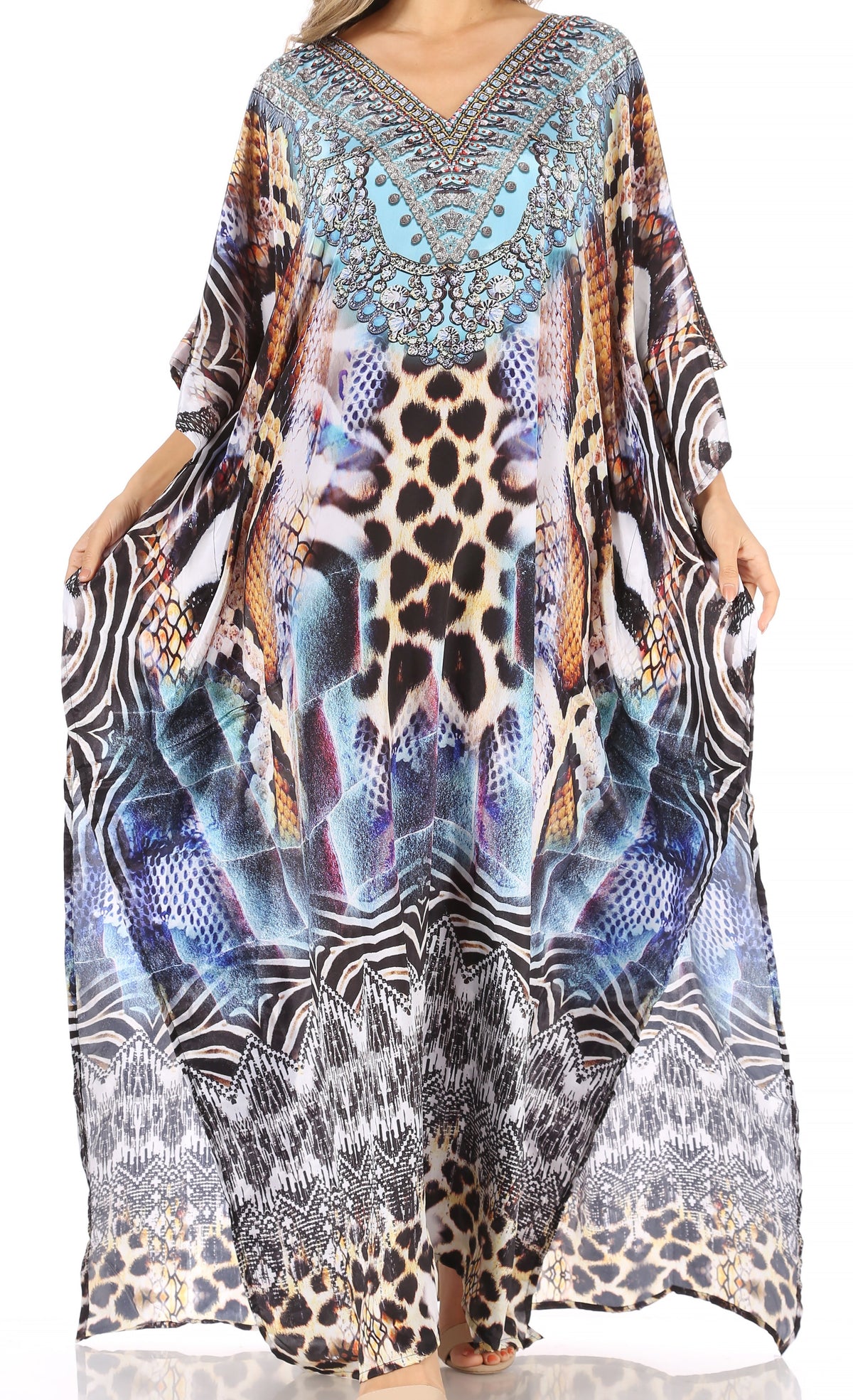 Sakkas Anahi Flowy Design V Neck Long Caftan Dress / Cover Up With Rhinestone