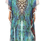 Sakkas Wilder Printed Design Long Sheer Rhinestone Caftan Dress / Cover Up