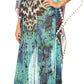 Sakkas Wilder Printed Design Long Sheer Rhinestone Caftan Dress / Cover Up
