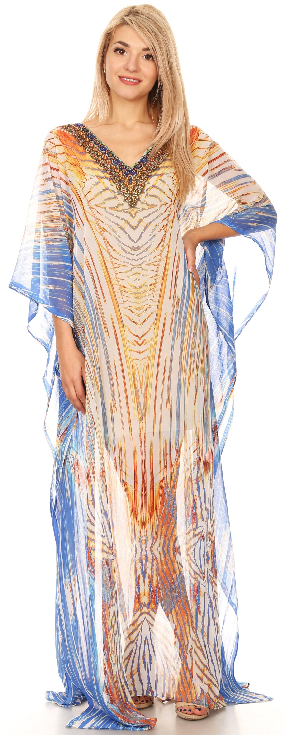 Sakkas Wilder Printed Design Long Sheer Rhinestone Caftan Dress / Cover Up