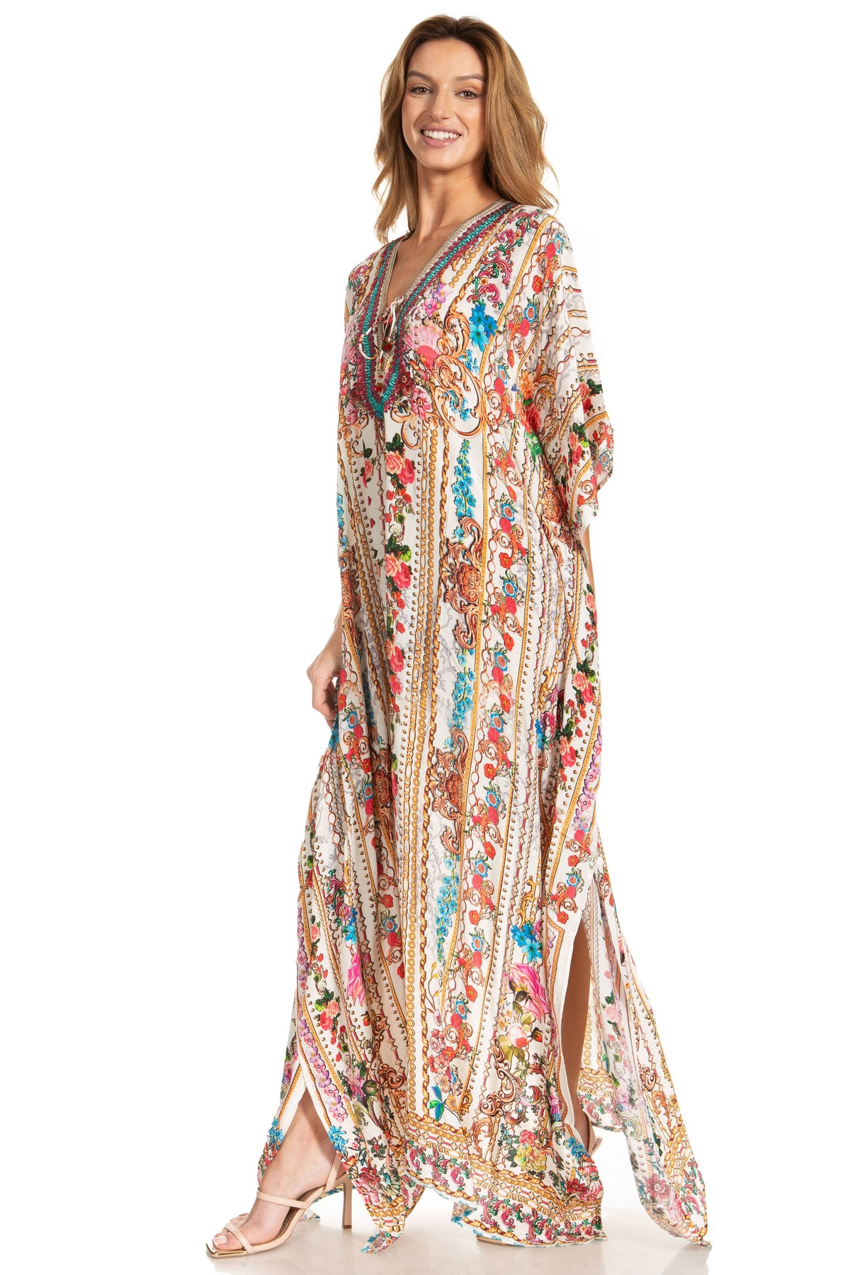 Sakkas Georgettina 2025 Flowy Rhinestone V Neck Long Caftan Dress / Cover Up