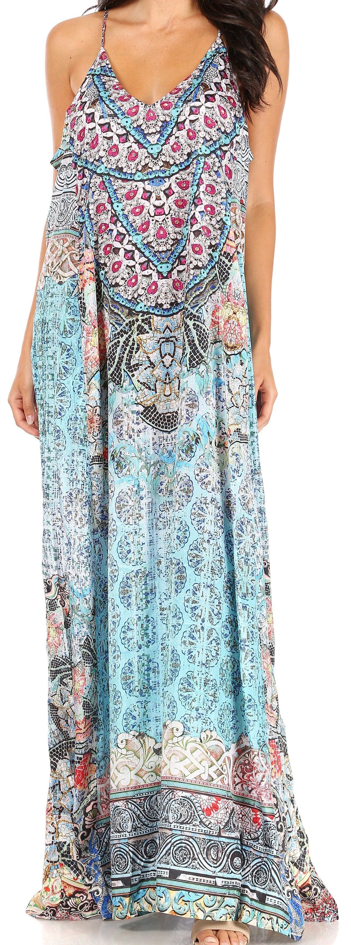 Sakkas Sofia Women's Spaghetti Strap V-neck Floral Print Summer Casual Maxi Dress