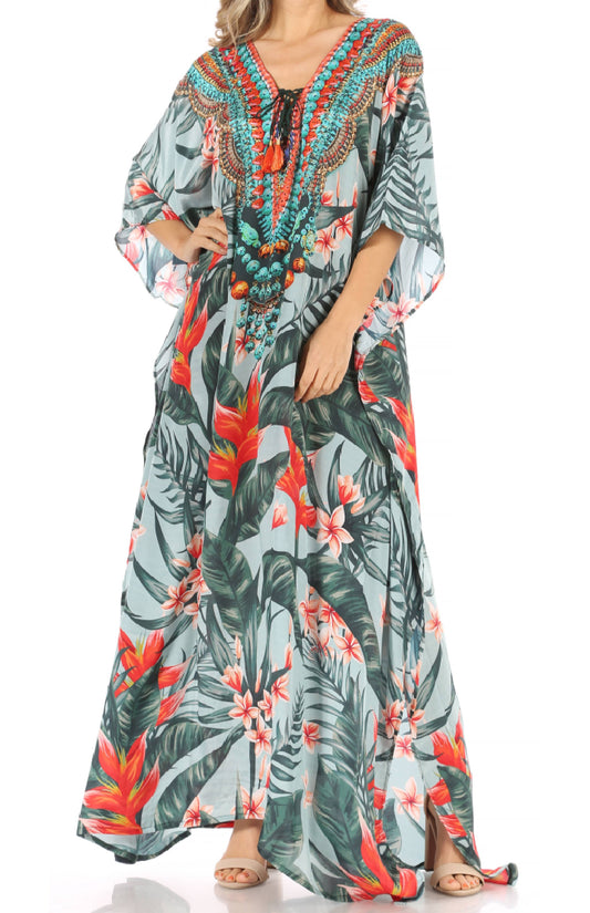 Vestido Caftán con Estampado Vibrante, Cuello de Pico y Manga Corta Sakkas Milanna para Mujer