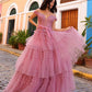 Nox Anabel E1293 Long Off the Shoulder Sweetheart Ruffled Tiered Tulle Gown
