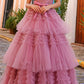 Nox Anabel E1293 Long Off the Shoulder Sweetheart Ruffled Tiered Tulle Gown