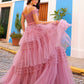 Nox Anabel E1293 Long Off the Shoulder Sweetheart Ruffled Tiered Tulle Gown