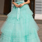 Nox Anabel E1293 Long Off the Shoulder Sweetheart Ruffled Tiered Tulle Gown
