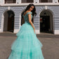 Nox Anabel E1293 Long Off the Shoulder Sweetheart Ruffled Tiered Tulle Gown