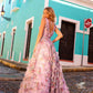 Vestido de noche largo con estampado floral, escote en V y corte en A Nox Anabel E1445