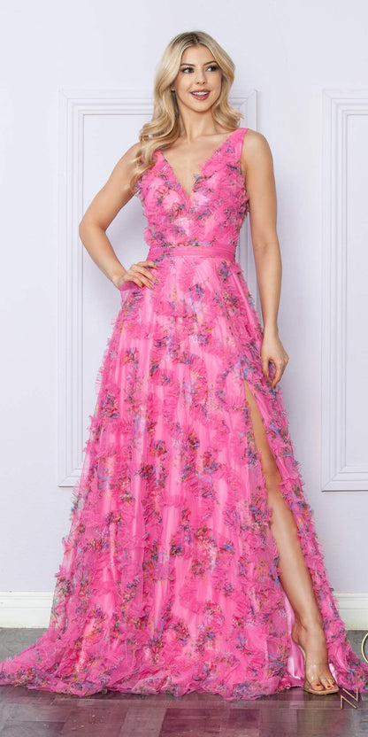 Vestido de noche largo con estampado floral, escote en V y corte en A Nox Anabel E1445