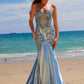 Vestido de sirena Nox Anabel E1532 de raso con apliques de lentejuelas y cintura con ballenas