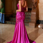 Vestido de sirena Nox Anabel E1532 de raso con apliques de lentejuelas y cintura con ballenas