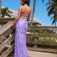 Nox Anabel E1710 Vestido Largo con Diseño Floral Completamente Bordado con Lentejuelas Aplicadas y Abertura