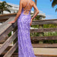 Nox Anabel E1710 Vestido Largo con Diseño Floral Completamente Bordado con Lentejuelas Aplicadas y Abertura
