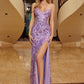 Nox Anabel E1710 Vestido Largo con Diseño Floral Completamente Bordado con Lentejuelas Aplicadas y Abertura