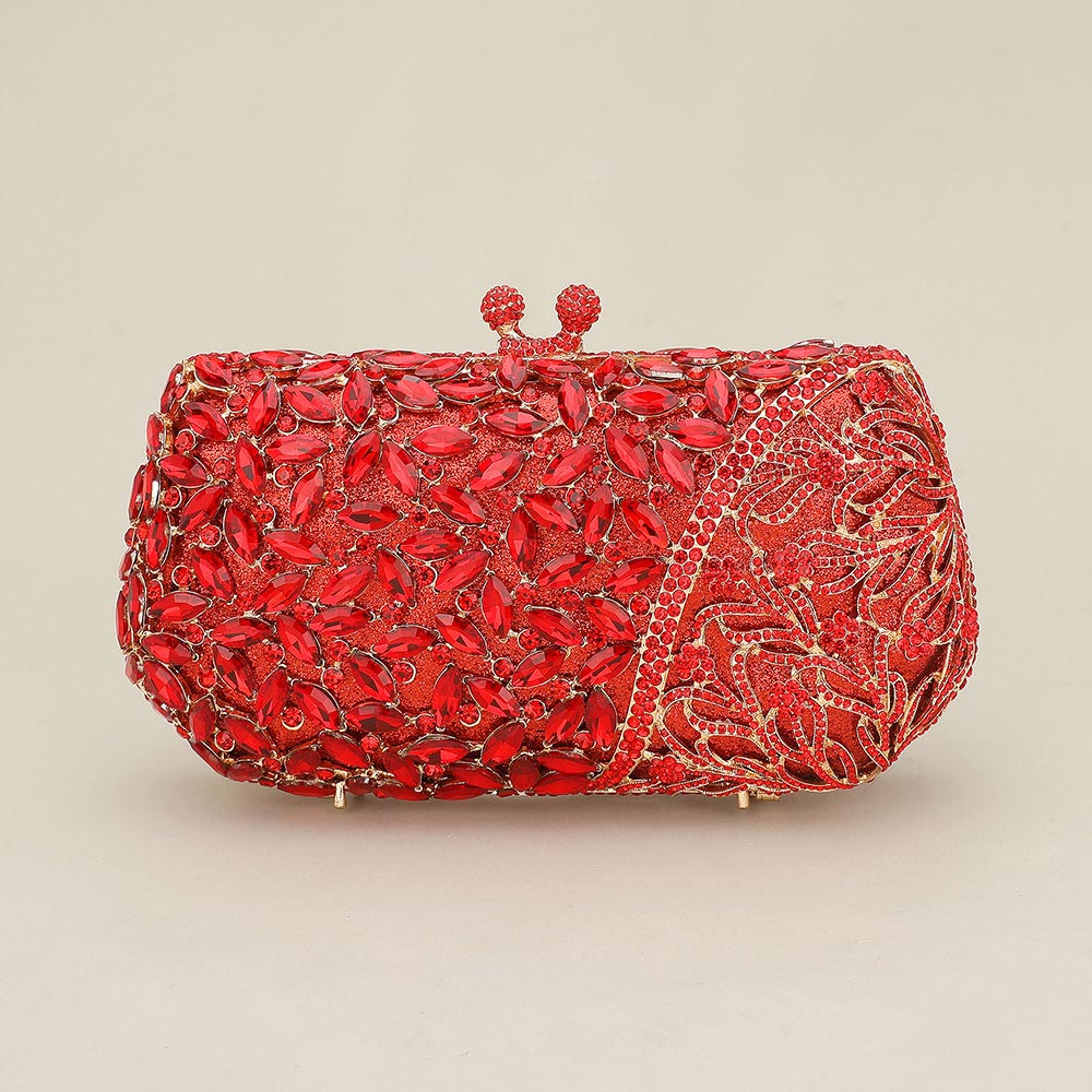 Floral Leaf Crystal Frame Evening Clutch Shoulder Bag