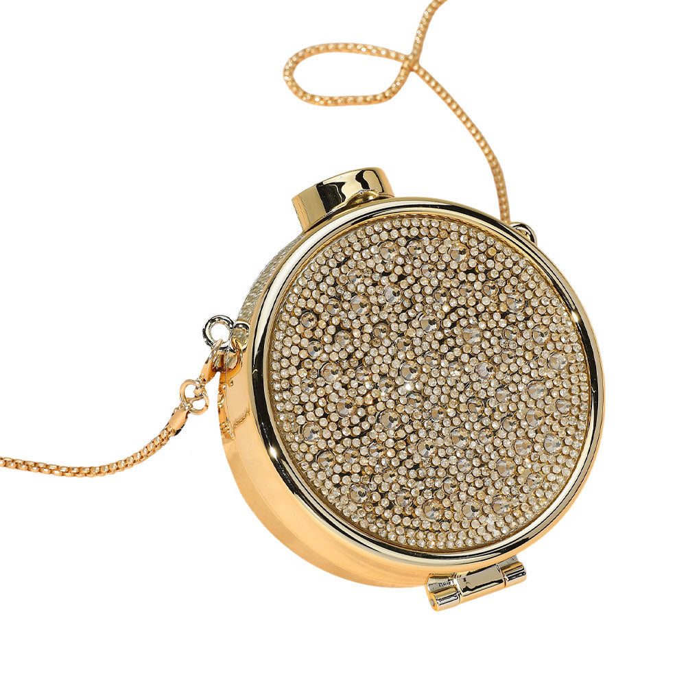 Bling Studded Round Compact Clutch Evening Bag / Crossbody Bag