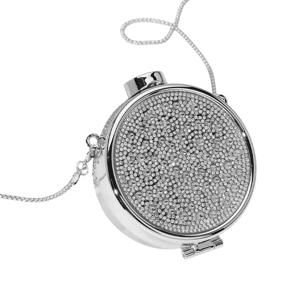 Bling Studded Round Compact Clutch Evening Bag / Crossbody Bag