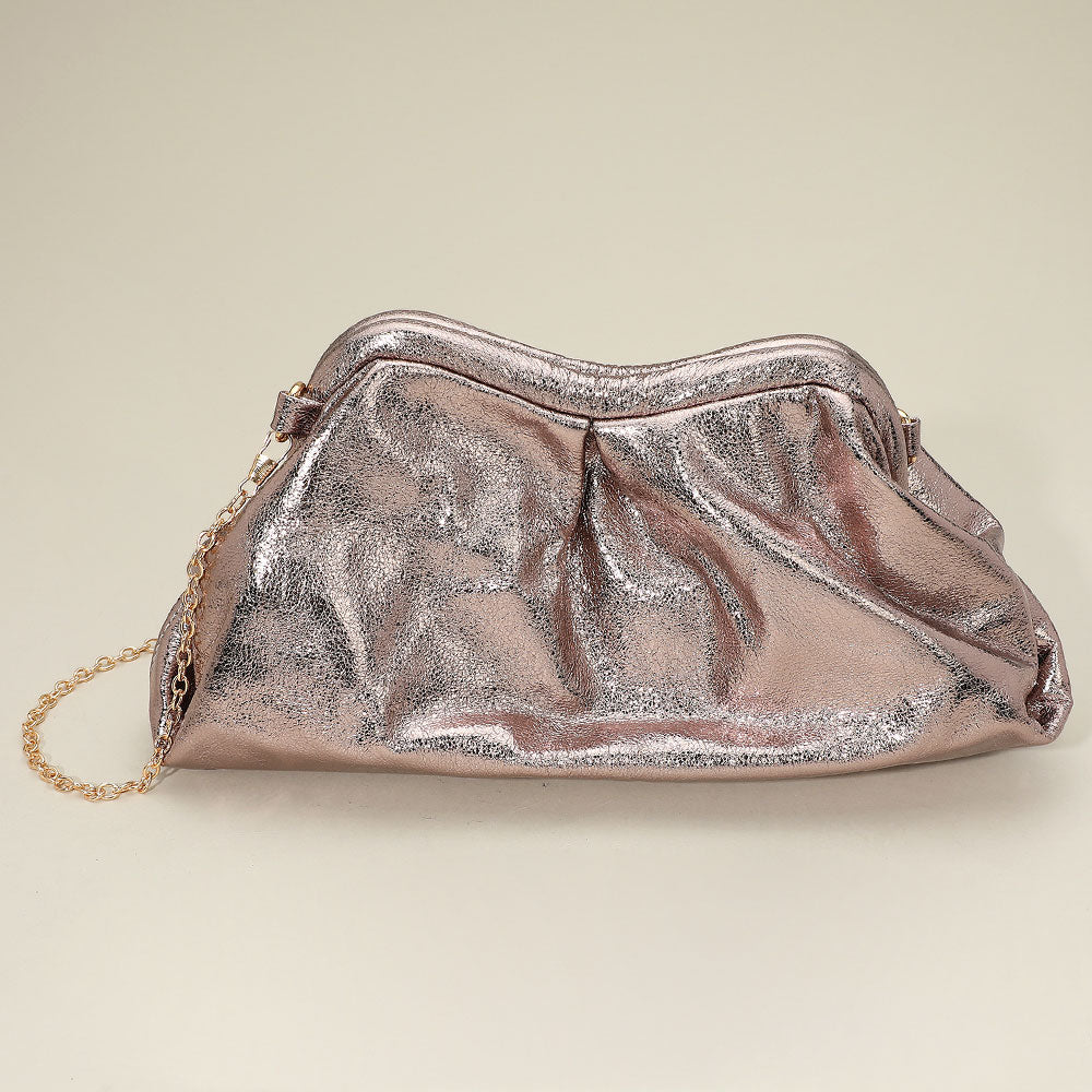 Metallic Pleated Frame Clutch Evening Bag / Crossbody Bag