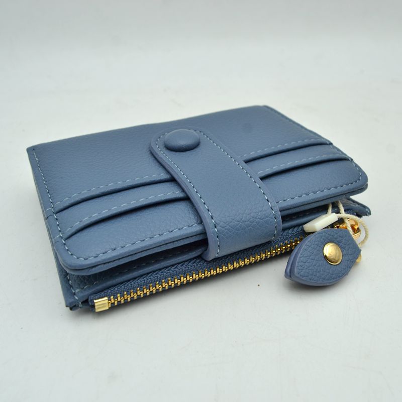 Pebbled Card Holder Wallet with Snap Button Strap and Zipper Pocket