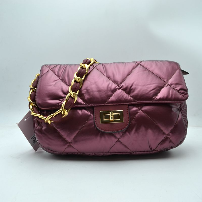 Quilted Metallic Puffer Shoulder Bag with Woven Chain Strap