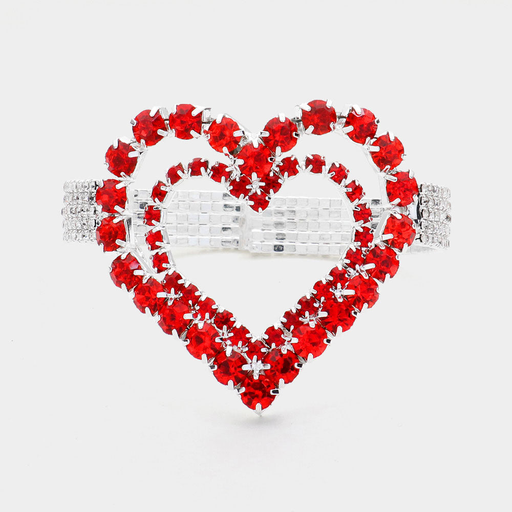 Stone Embellished Open Heart Cuff Evening Bracelet