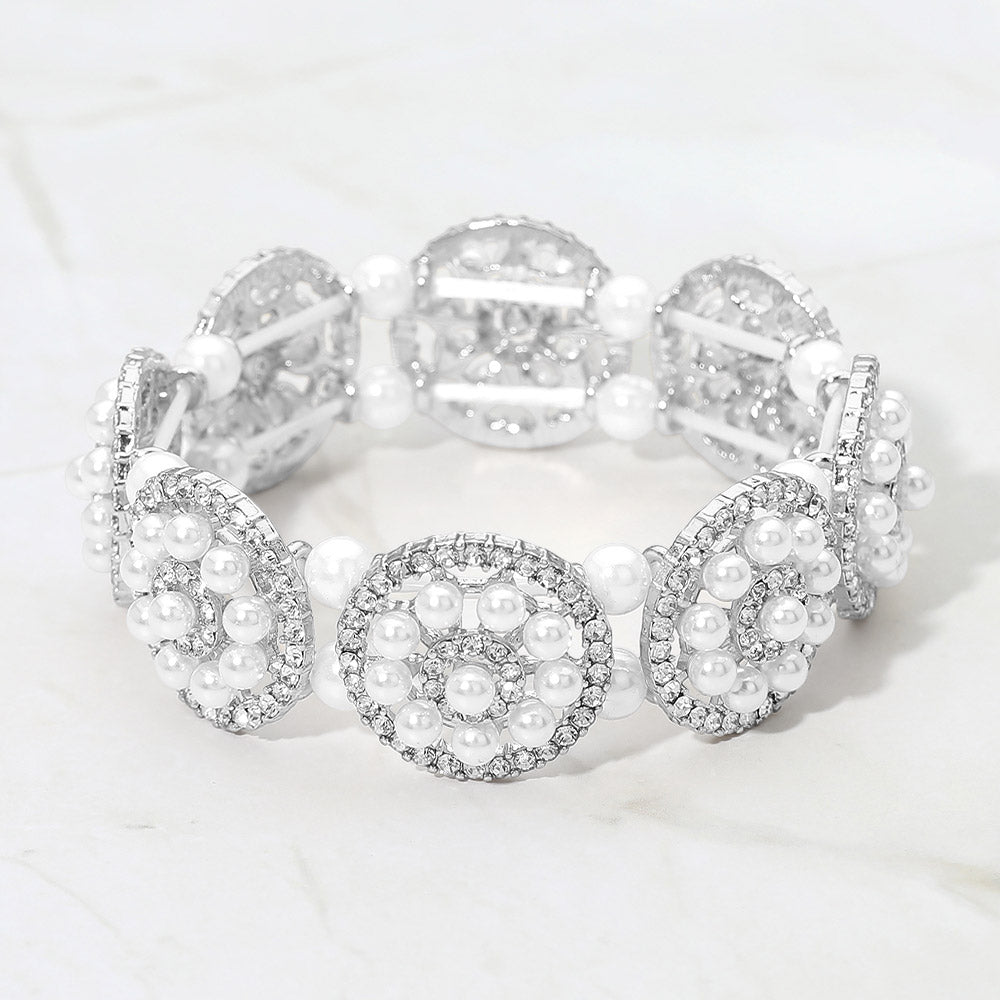 Pearl Floral Beaded Stretch Evening Bracelet