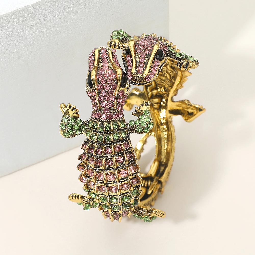 Crystal Rhinestone Double Crocodile/Alligator Evening Hinged Cuff Bracelet
