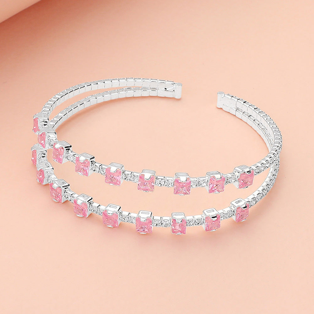 Square CZ Stone Cluster Accented Split Adjustable Evening Bracelet