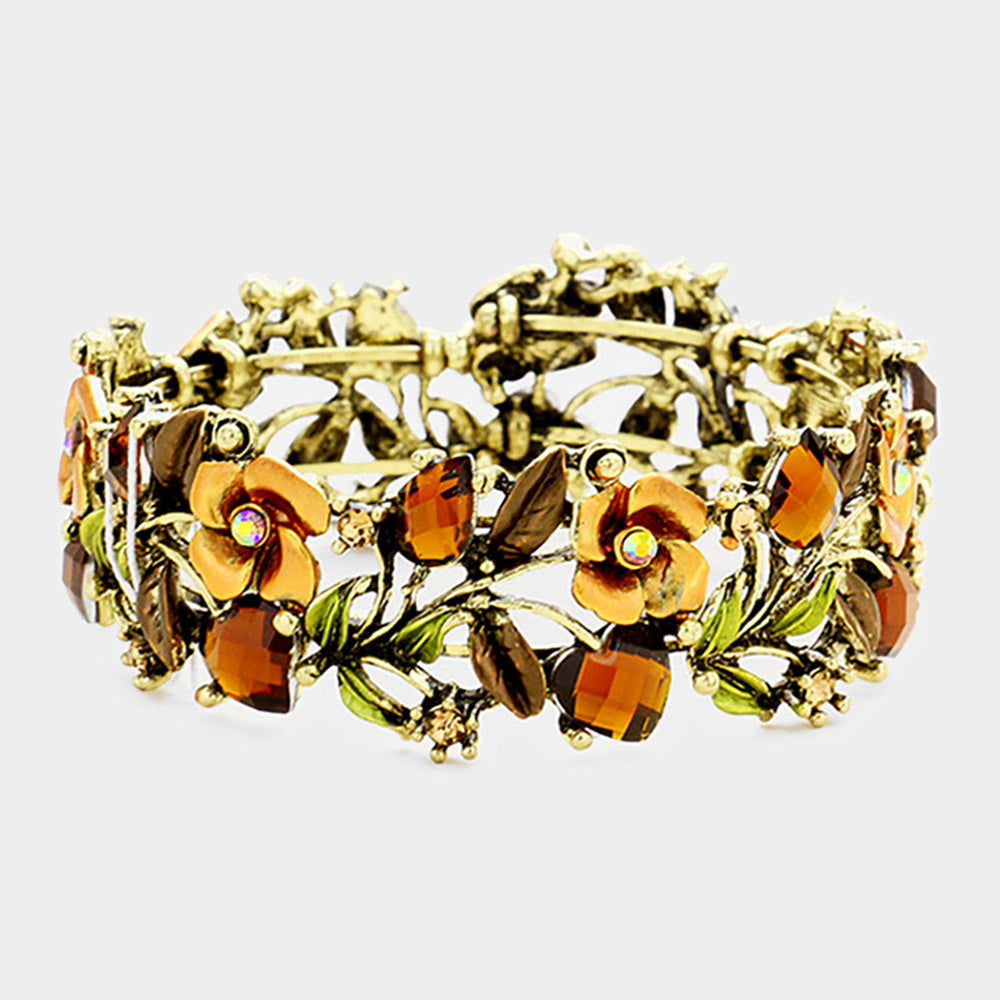 Glass Crystal Metal Flower Leaf Evening Bracelet