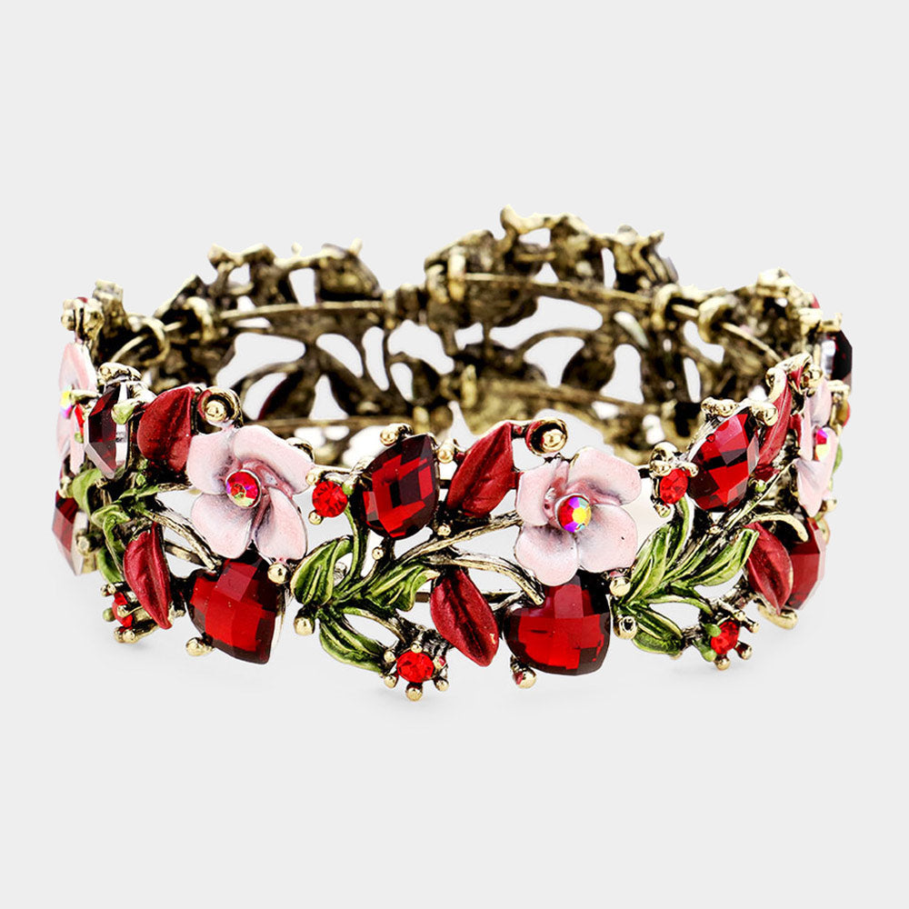 Glass Crystal Metal Flower Leaf Evening Bracelet