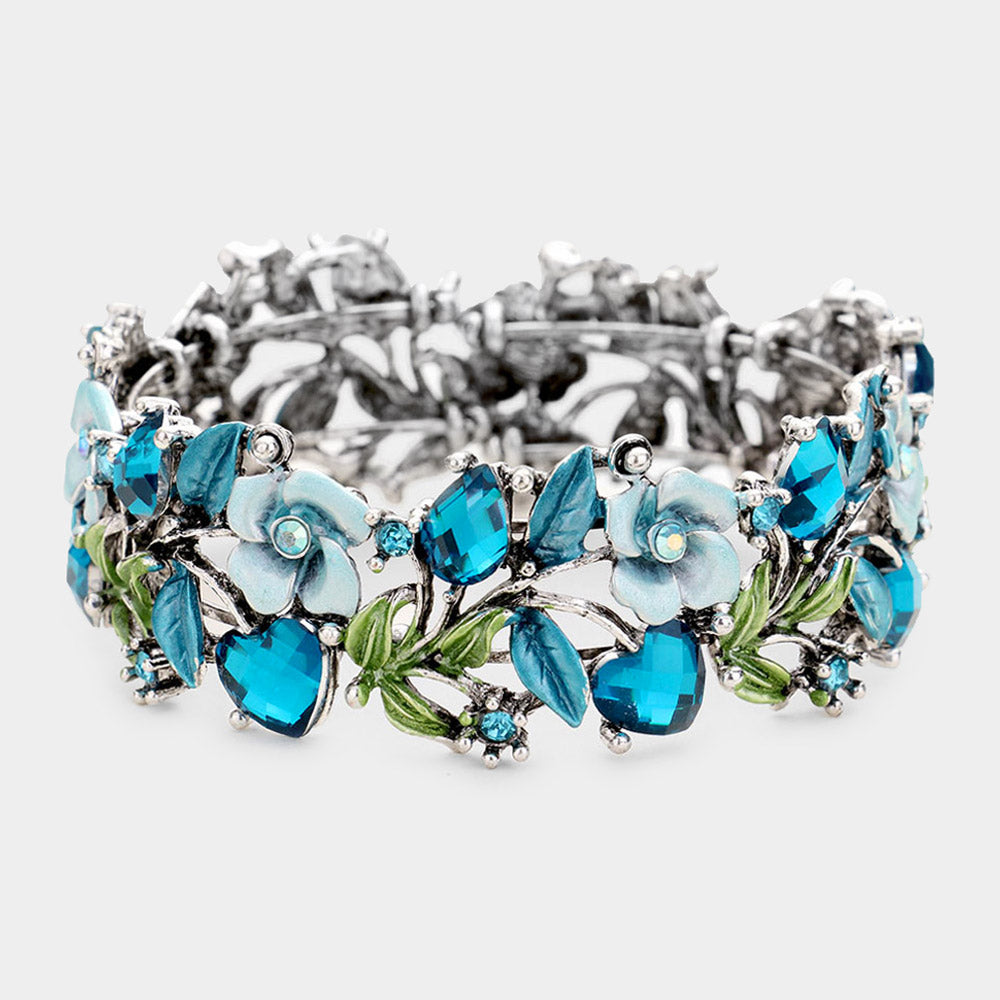 Glass Crystal Metal Flower Leaf Evening Bracelet