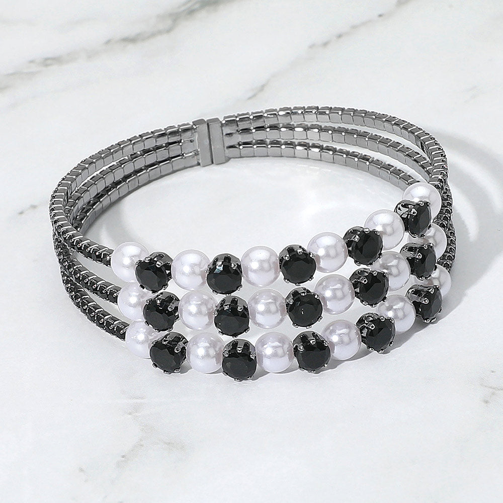 Pearl Stone Bezel Point Rhinestone Paved Split Adjustable Evening Bracelet