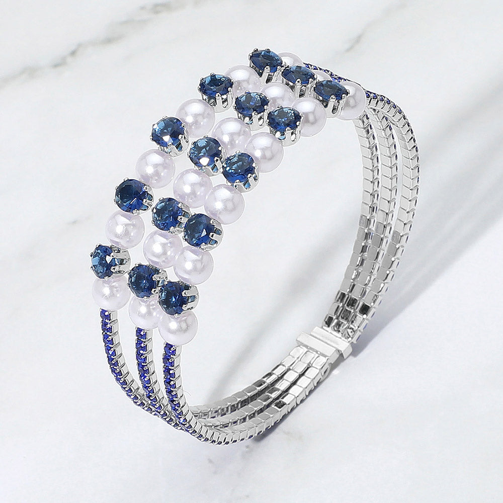 Pearl Stone Bezel Point Rhinestone Paved Split Adjustable Evening Bracelet