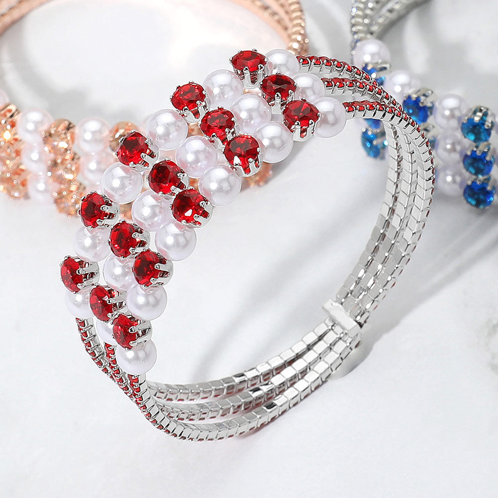 Pearl Stone Bezel Point Rhinestone Paved Split Adjustable Evening Bracelet