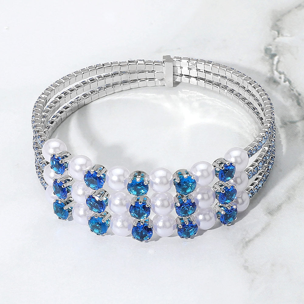 Pearl Stone Bezel Point Rhinestone Paved Split Adjustable Evening Bracelet