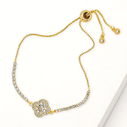 Quatrefoil CZ Stone Accent Pull Tie Adjustable Bracelet