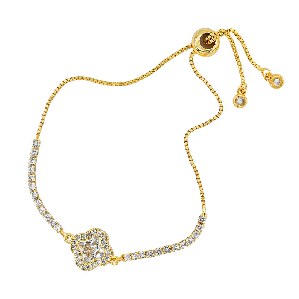 Quatrefoil CZ Stone Accent Pull Tie Adjustable Bracelet