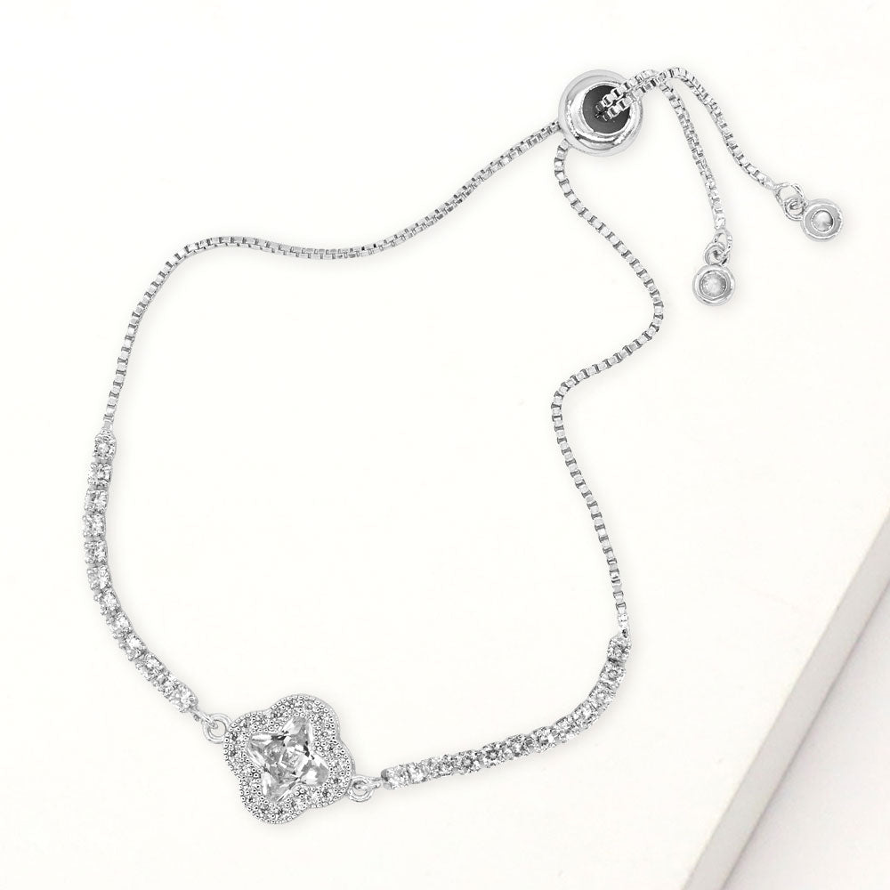 Quatrefoil CZ Stone Accent Pull Tie Adjustable Bracelet
