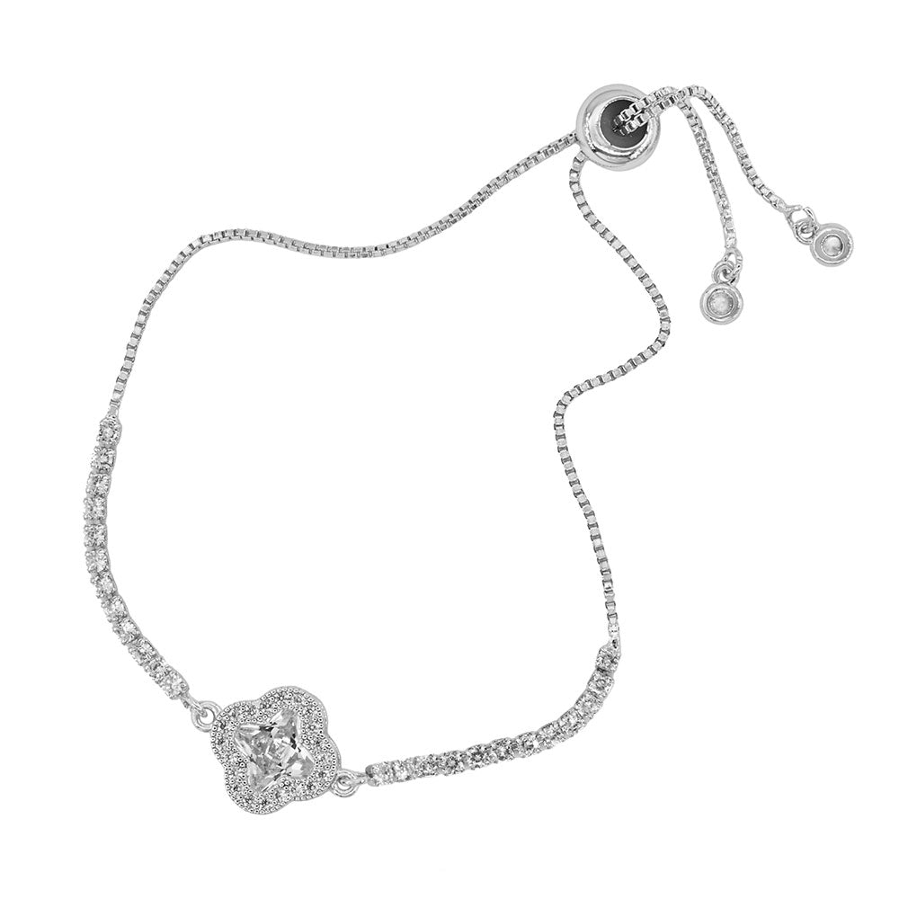 Quatrefoil CZ Stone Accent Pull Tie Adjustable Bracelet